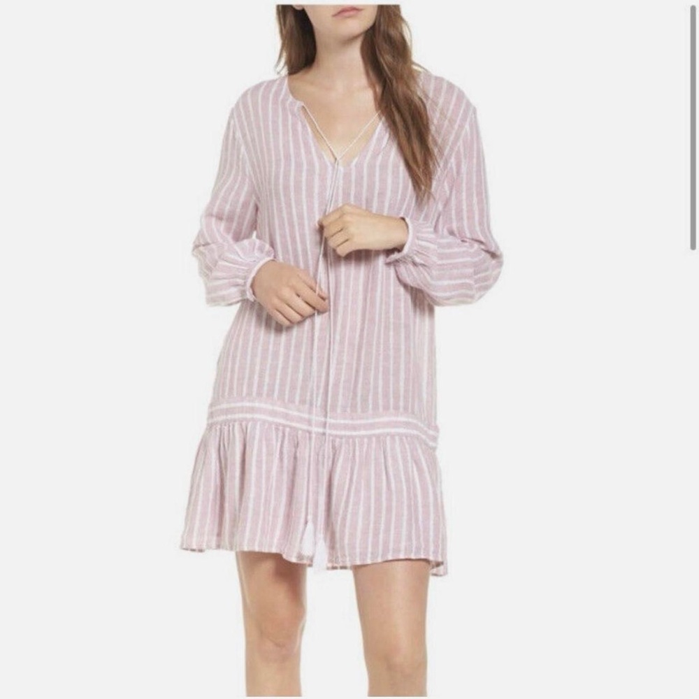 Rails Lydia Linen Pink Striped Drop Waist Mini Dress Medium Boho Tunic Coastal